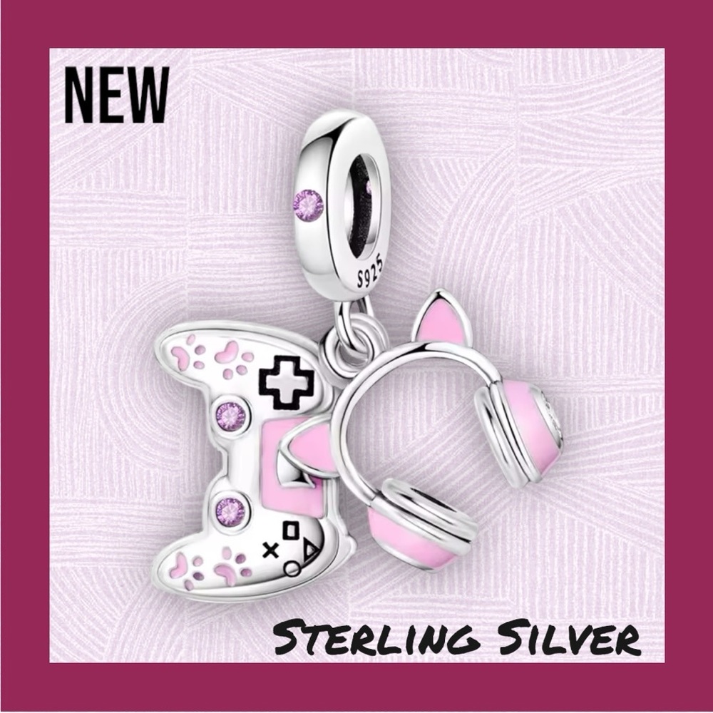 New Game Girl Charm Kitty Headset & Controller Design .925 Sterling Silver Charm